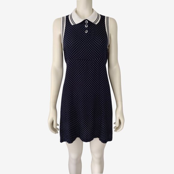 Vintage 1990s Navy Blue Swiss Dot Collared Sleeveless Empire Waist Dress - Picture 1 of 11